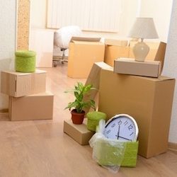 Empty room with stack of cartons: moving house concept